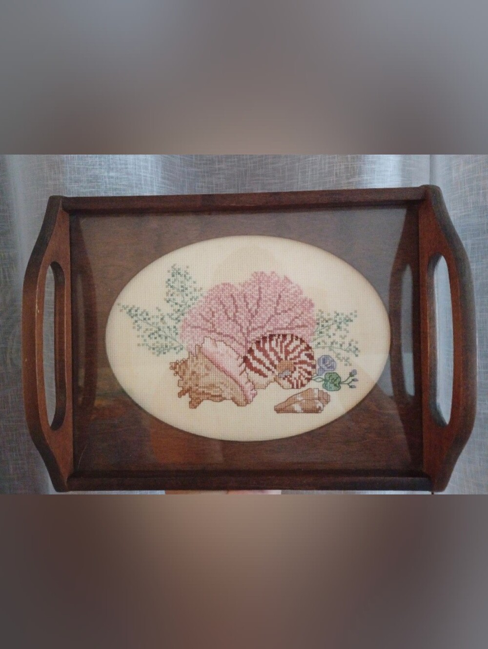 Vintage Wood & Glass Needlepoint Display Tray 12" x 9" with Seashell Embroidery